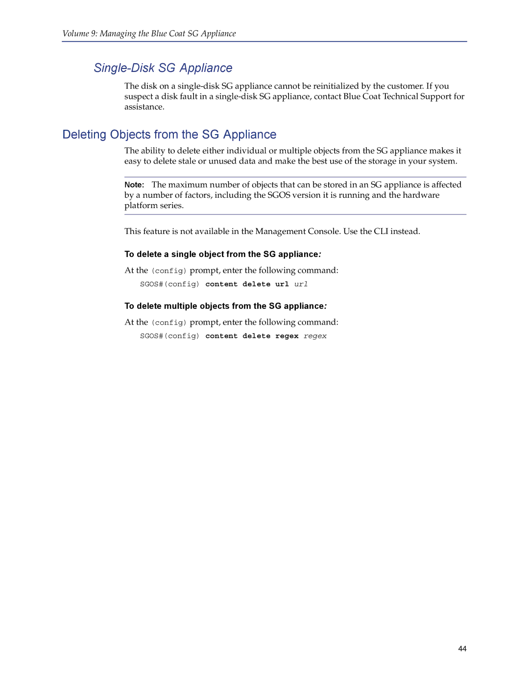 Blue Coat Systems SGOS Version 5.2.2 manual Single-Disk SG Appliance, Deleting Objects from the SG Appliance 