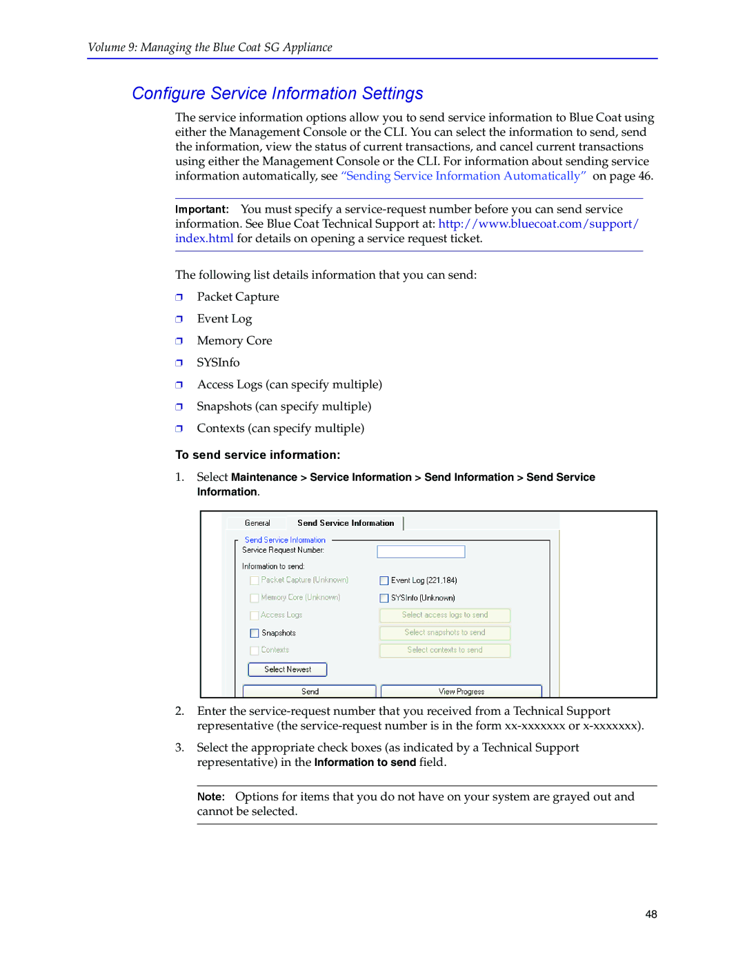 Blue Coat Systems SGOS Version 5.2.2 manual Configure Service Information Settings, To send service information 