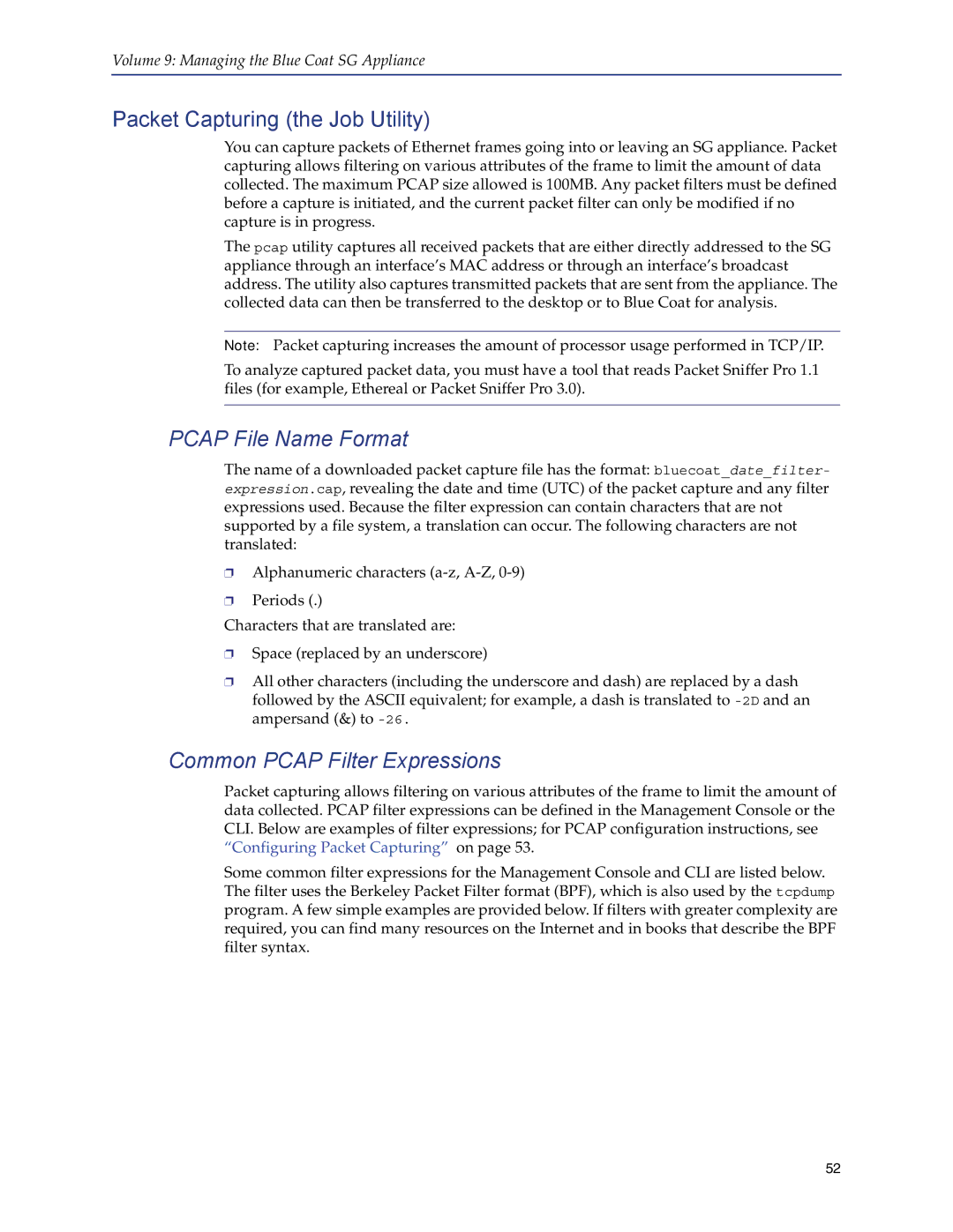 Blue Coat Systems SGOS Version 5.2.2 manual Packet Capturing the Job Utility, Pcap File Name Format 