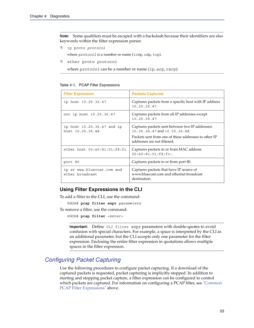 Blue Coat Systems Blue Coat Systems SG Appliance manual Configuring Packet Capturing, Using Filter Expressions in the CLI 