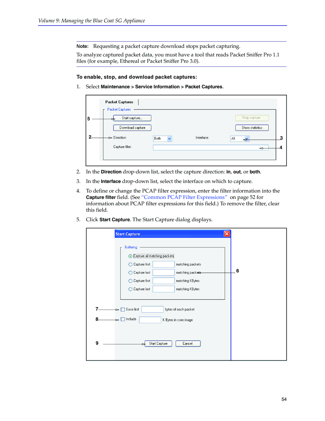 Blue Coat Systems SGOS Version 5.2.2, Blue Coat Systems SG Appliance manual To enable, stop, and download packet captures 