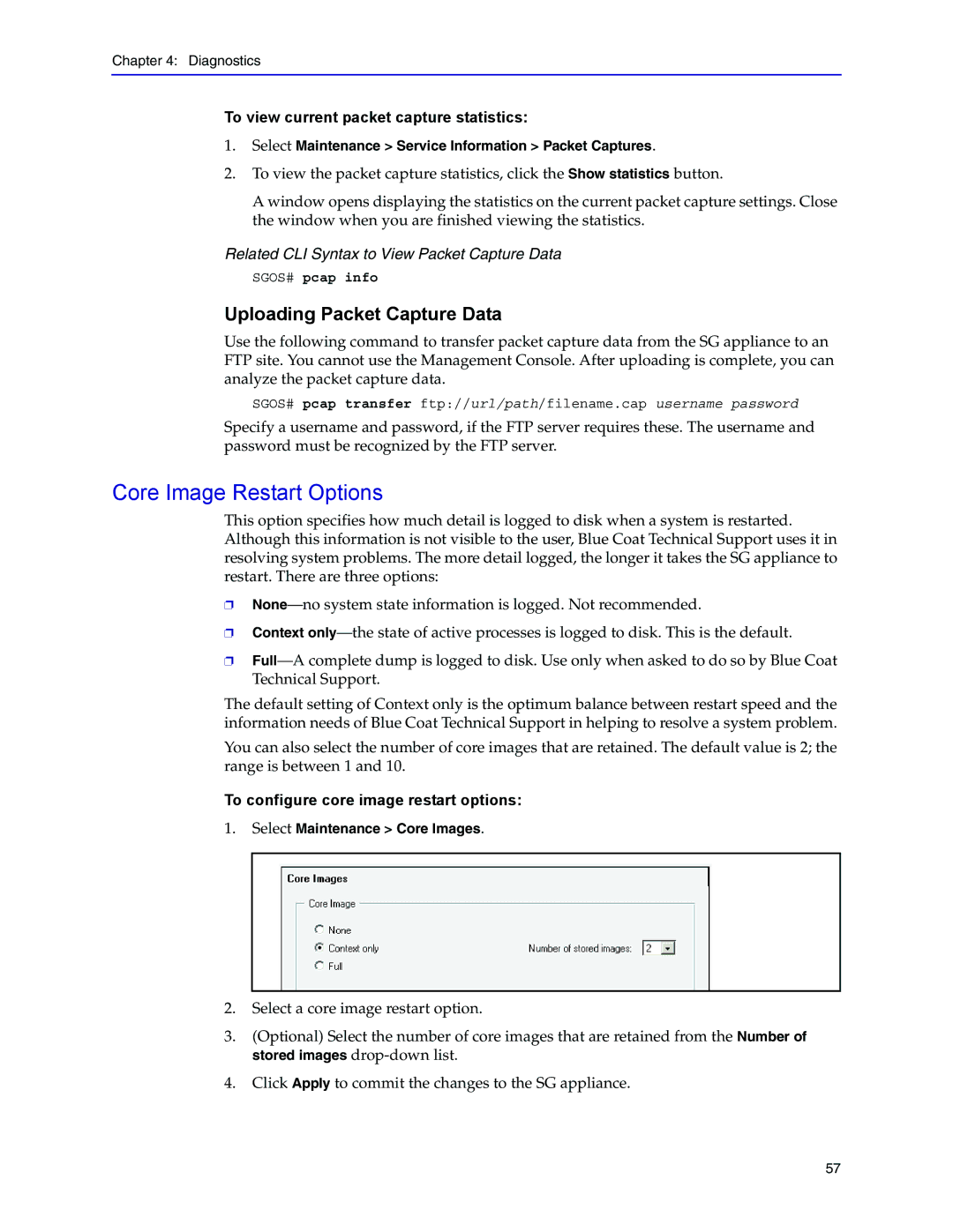 Blue Coat Systems Blue Coat Systems SG Appliance manual Core Image Restart Options, Uploading Packet Capture Data 