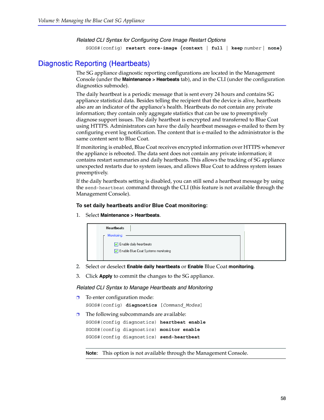 Blue Coat Systems SGOS Version 5.2.2 Diagnostic Reporting Heartbeats, To set daily heartbeats and/or Blue Coat monitoring 