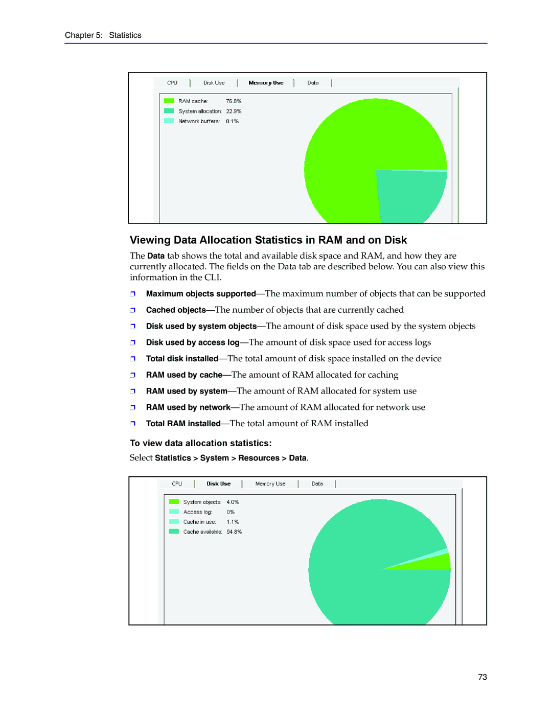 Blue Coat Systems Blue Coat Systems SG Appliance, SGOS Version 5.2.2 Viewing Data Allocation Statistics in RAM and on Disk 