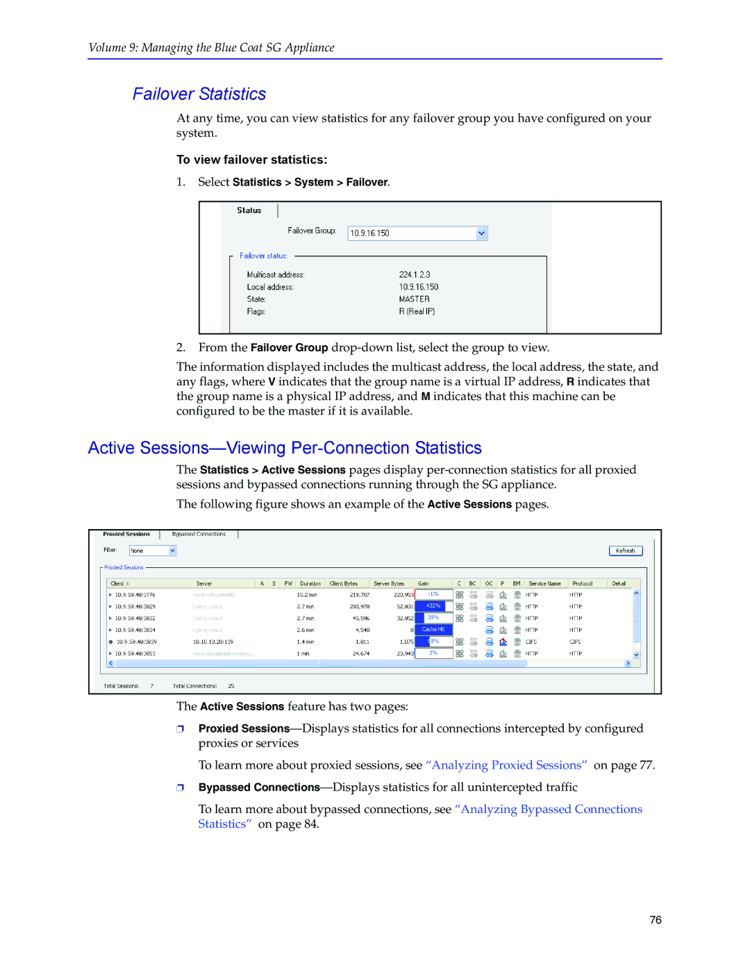 Blue Coat Systems SGOS Version 5.2.2 manual Failover Statistics, Active Sessions-Viewing Per-Connection Statistics 