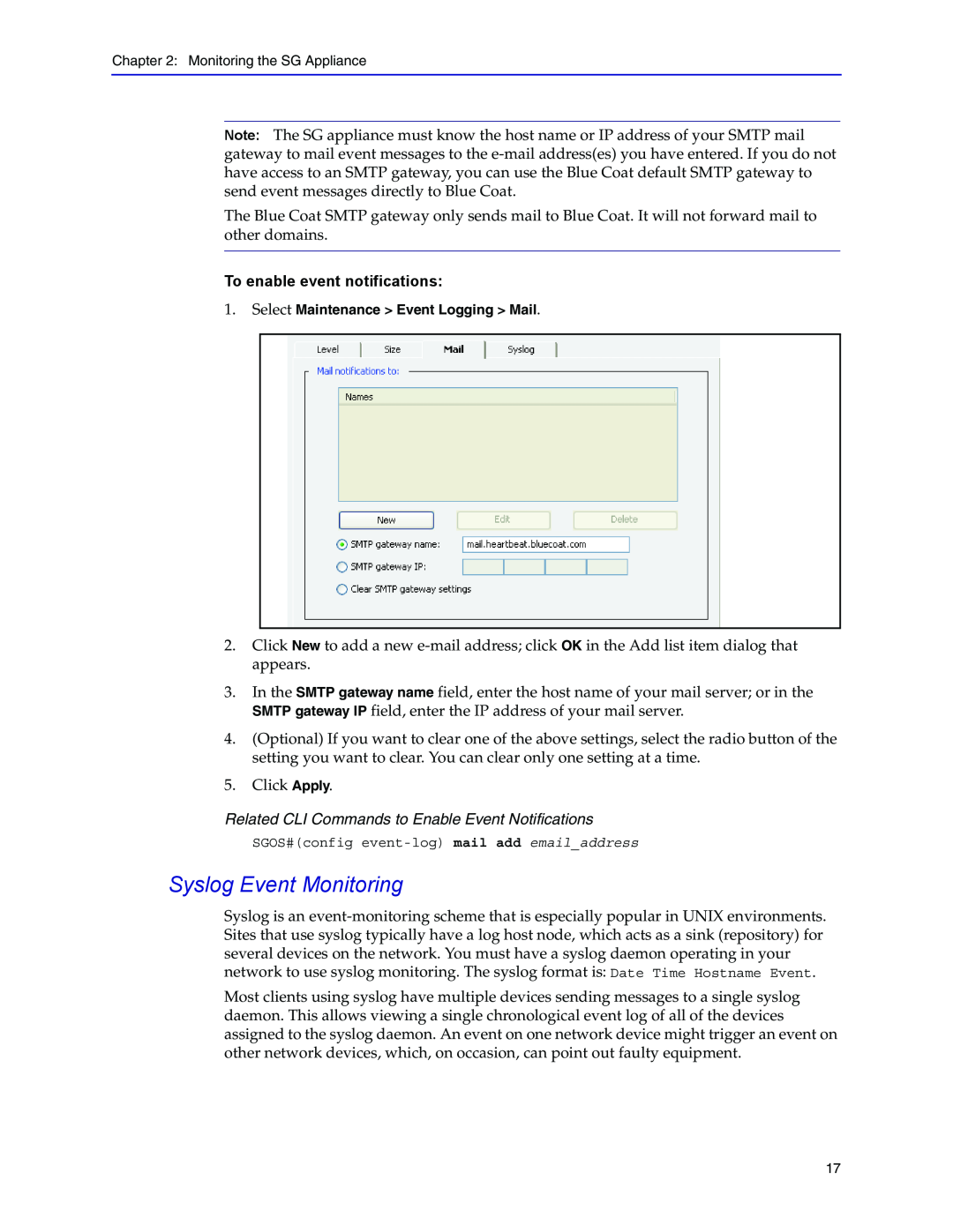 Blue Coat Systems Blue Coat Systems SG Appliance manual Syslog Event Monitoring, To enable event notifications 
