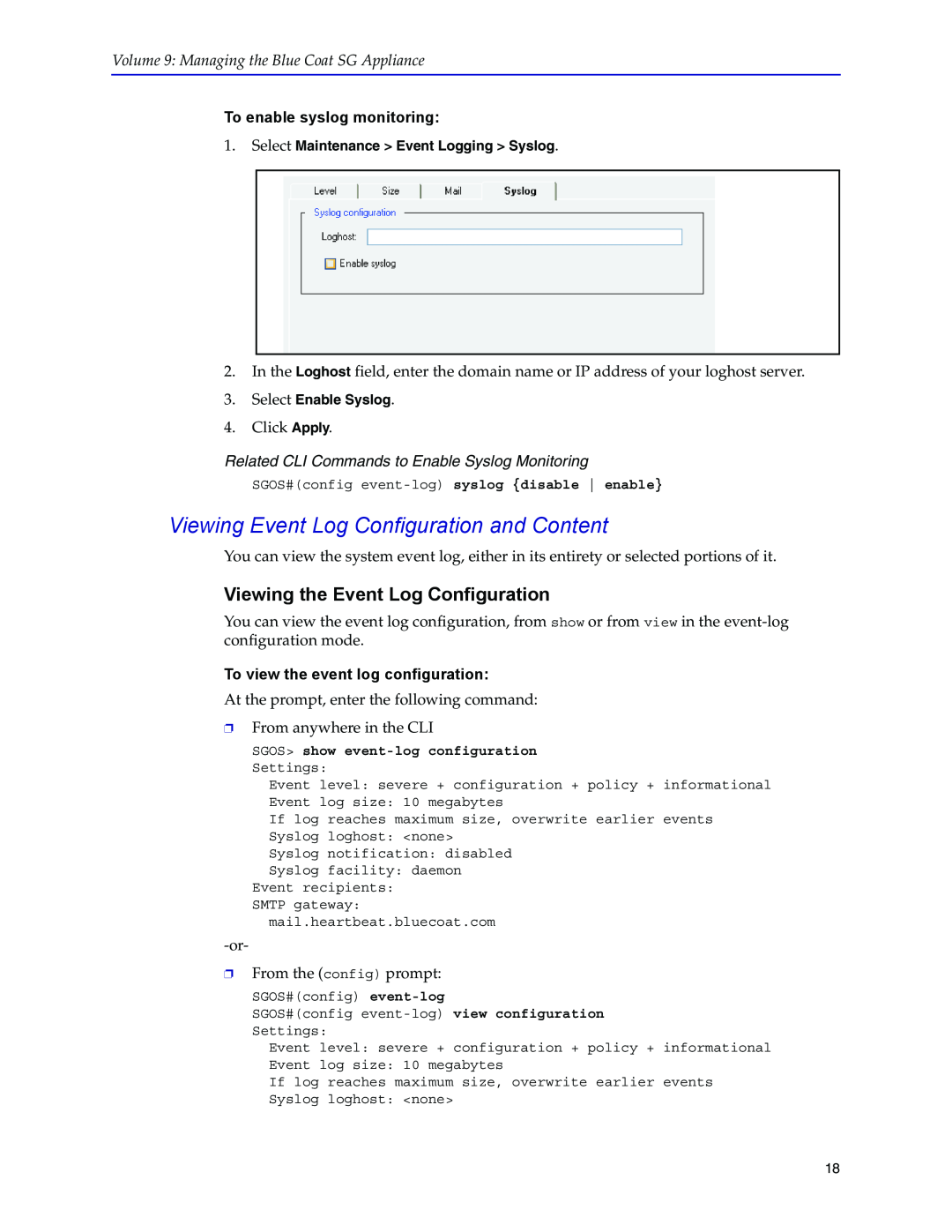 Blue Coat Systems SGOS Version 5.2.2 Viewing Event Log Configuration and Content, Viewing the Event Log Configuration 