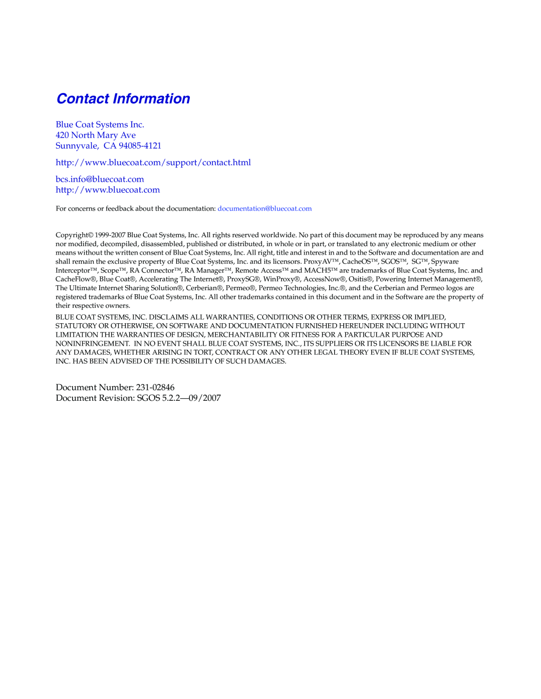 Blue Coat Systems SGOS Version 5.2.2 manual Contact Information, Blue Coat Systems Inc 420 North Mary Ave, Sunnyvale, CA 