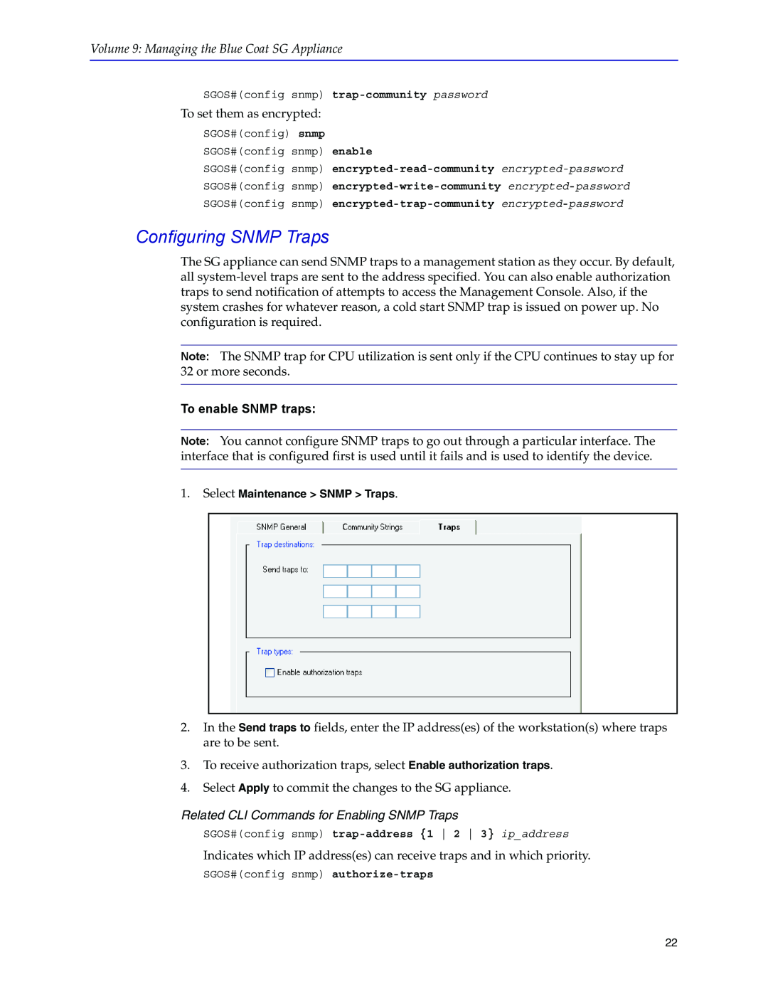 Blue Coat Systems SGOS Version 5.2.2, Blue Coat Systems SG Appliance manual Configuring SNMP Traps, To enable SNMP traps 
