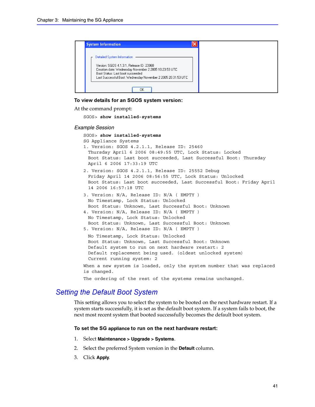 Blue Coat Systems Blue Coat Systems SG Appliance, SGOS Version 5.2.2 manual Setting the Default Boot System, Example Session 
