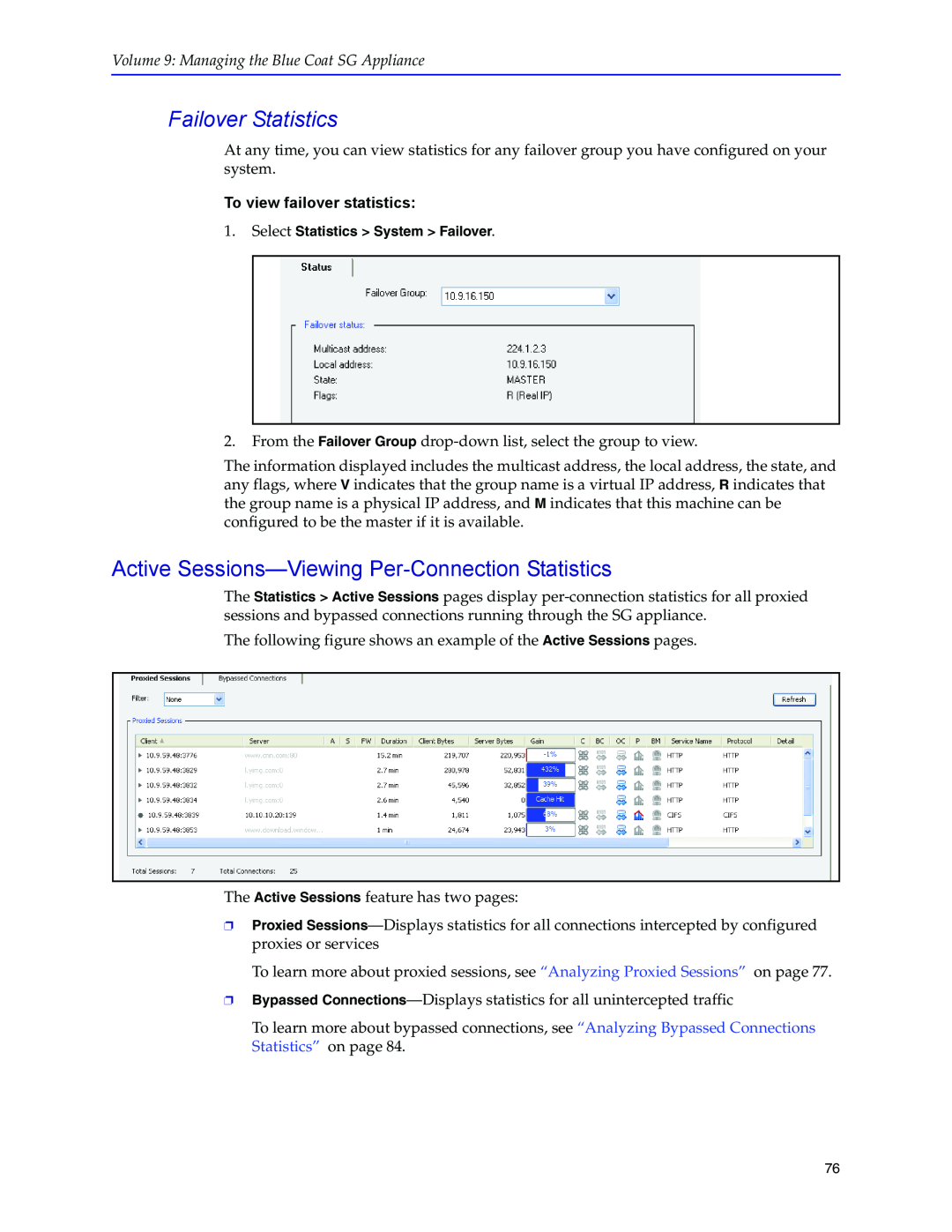 Blue Coat Systems SGOS Version 5.2.2 manual Failover Statistics, Active Sessions—Viewing Per-ConnectionStatistics 