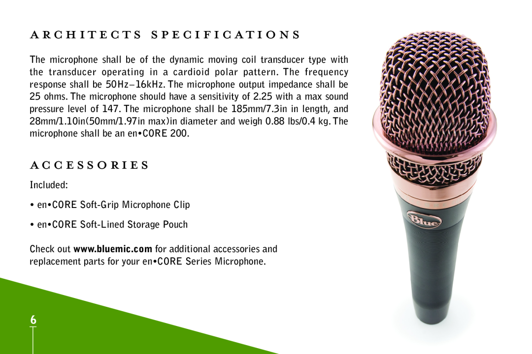 Blue Microphones 200 manual architects specifications, accessories, Included enCORE Soft-Grip Microphone Clip 