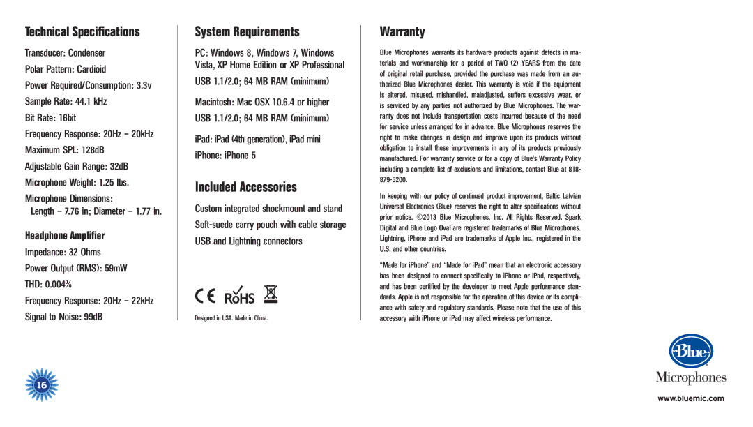 Blue Microphones 830 manual Technical Specifications, System Requirements, Included Accessories, Warranty 