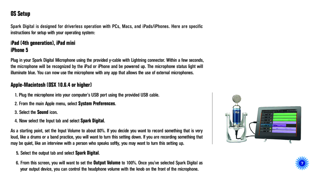 Blue Microphones 830 manual OS Setup, IPad 4th generation, iPad mini iPhone, Apple-Macintosh OSX 10.6.4 or higher 