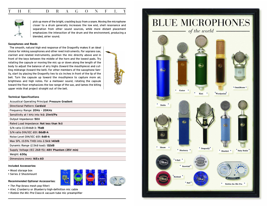 Blue Microphones Microphones warranty Saxophones and Reeds, Technical Specifications, Included Accessories 