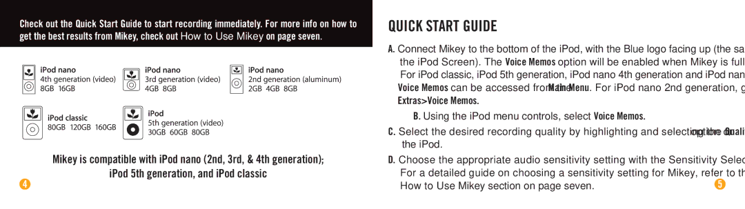 Blue Microphones Mikey manual Quick Start Guide, ExtrasVoice Memos 