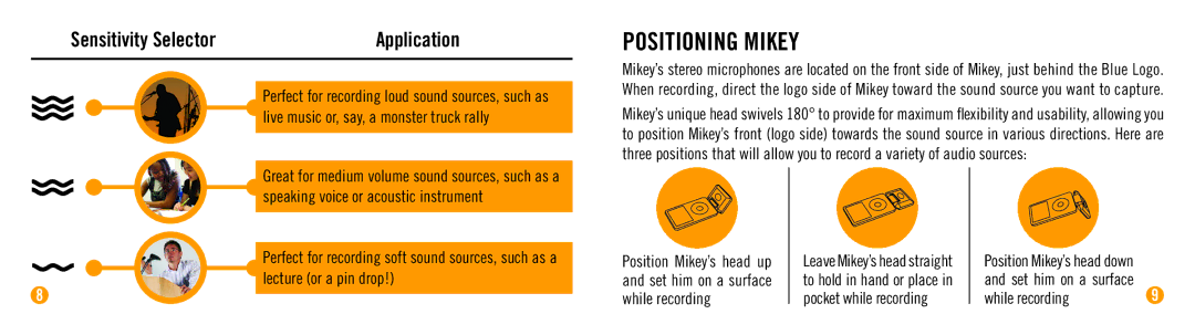 Blue Microphones manual Positioning Mikey, Sensitivity Selector Application 