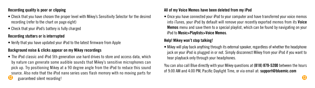 Blue Microphones Mikey manual Recording quality is poor or clipping, Recording stutters or is interrupted 