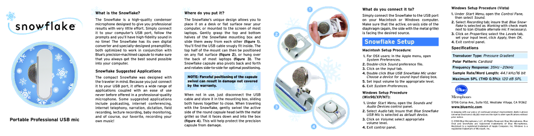 Blue Microphones SNOWFLAKE specifications What is the Snowflake?, Snowflake Suggested Applications, Where do you put it? 