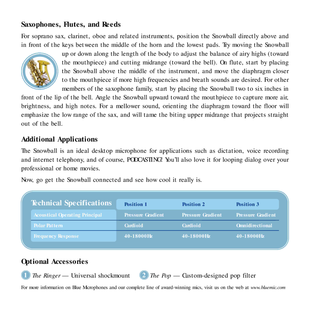 Blue Microphones The Snowball manual Technical Specifications, Saxophones, Flutes, and Reeds, Additional Applications 