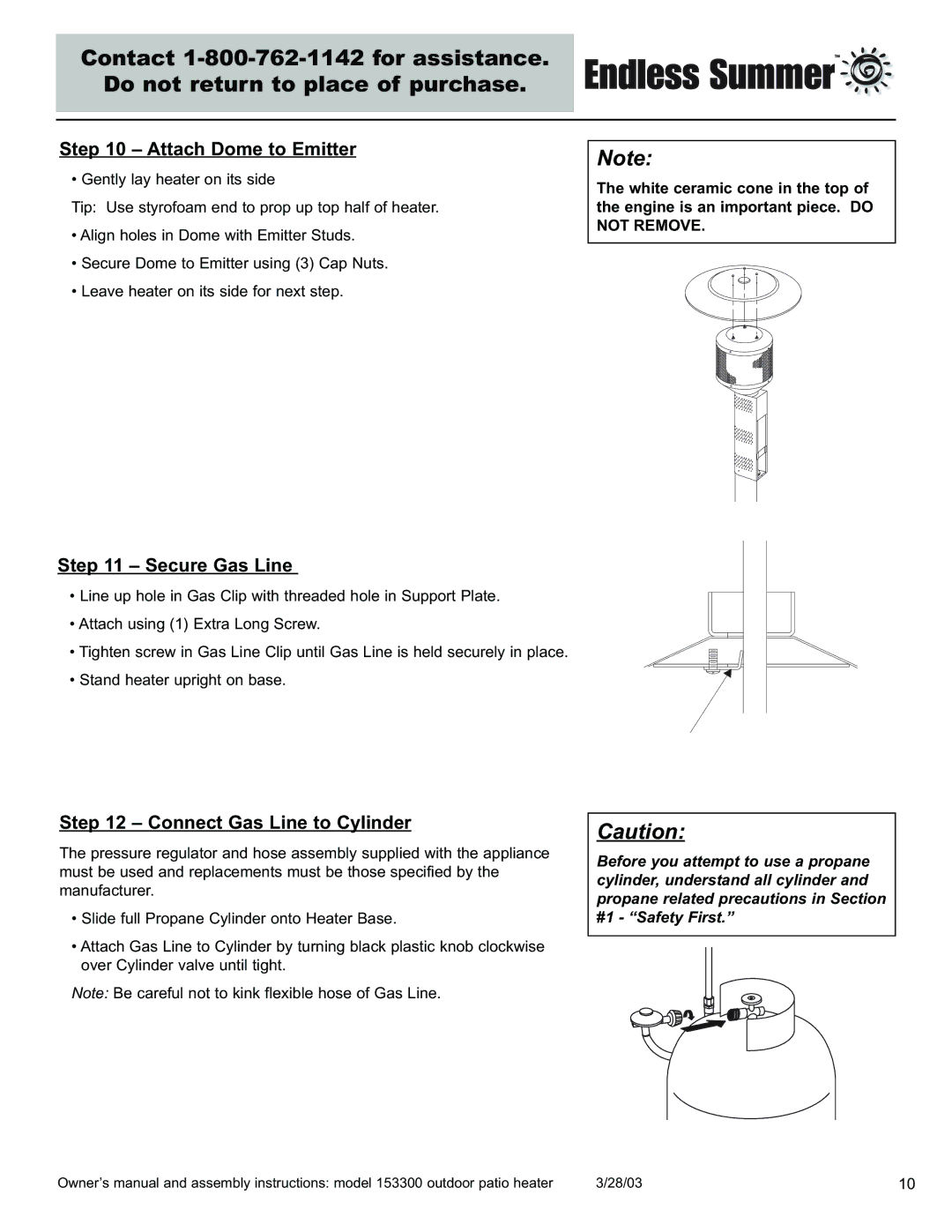 Blue Rhino 153300 owner manual Attach Dome to Emitter, Secure Gas Line, Connect Gas Line to Cylinder 