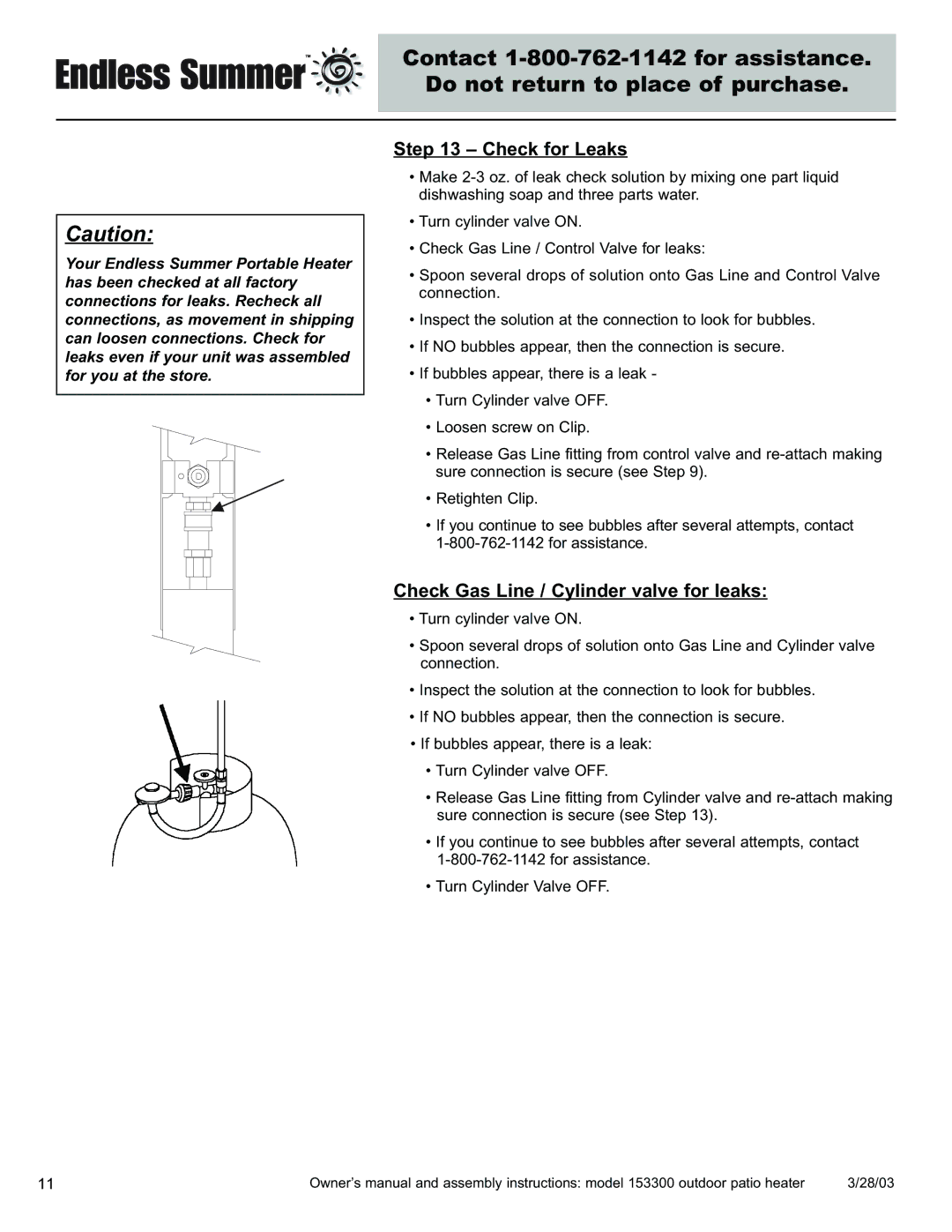 Blue Rhino 153300 owner manual Check for Leaks, Check Gas Line / Cylinder valve for leaks 