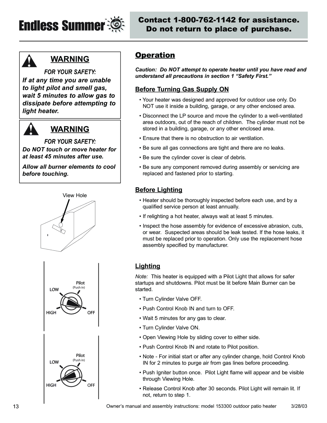 Blue Rhino 153300 owner manual Operation, Before Turning Gas Supply on, Before Lighting 