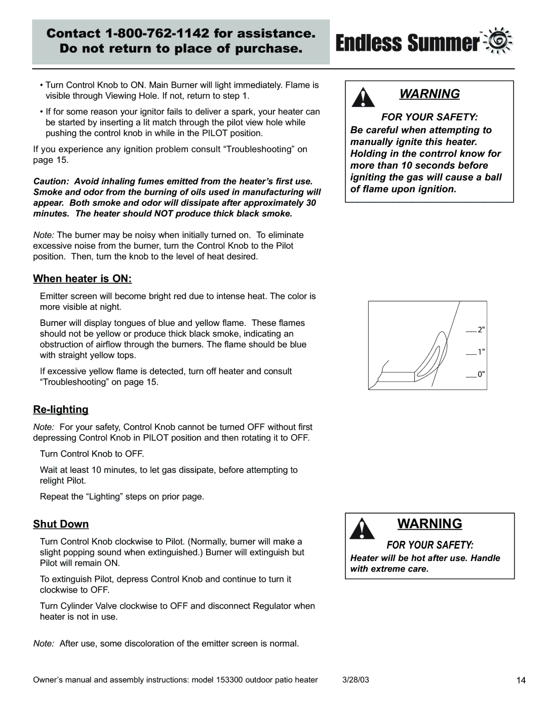 Blue Rhino 153300 owner manual When heater is on, Re-lighting, Shut Down 