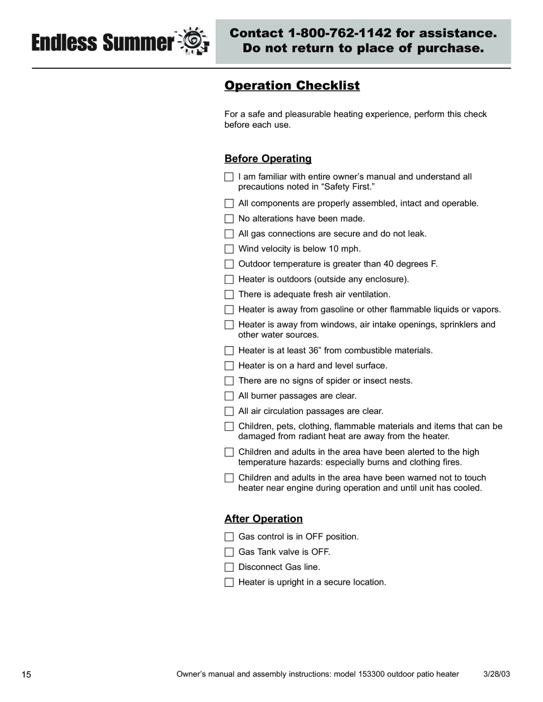 Blue Rhino 153300 owner manual Before Operating, After Operation 