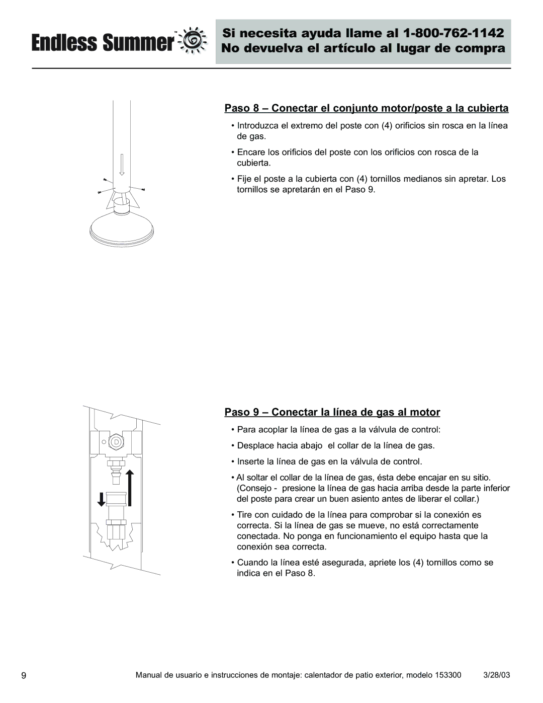 Blue Rhino 153300 Paso 8 Conectar el conjunto motor/poste a la cubierta, Paso 9 Conectar la línea de gas al motor 