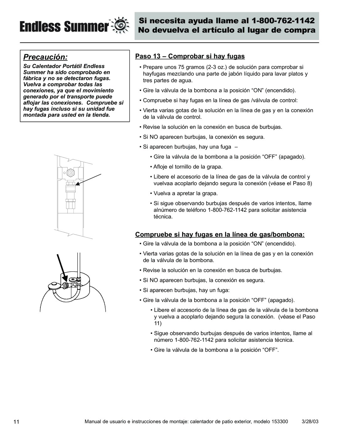 Blue Rhino 153300 owner manual Paso 13 Comprobar si hay fugas, Compruebe si hay fugas en la línea de gas/bombona 