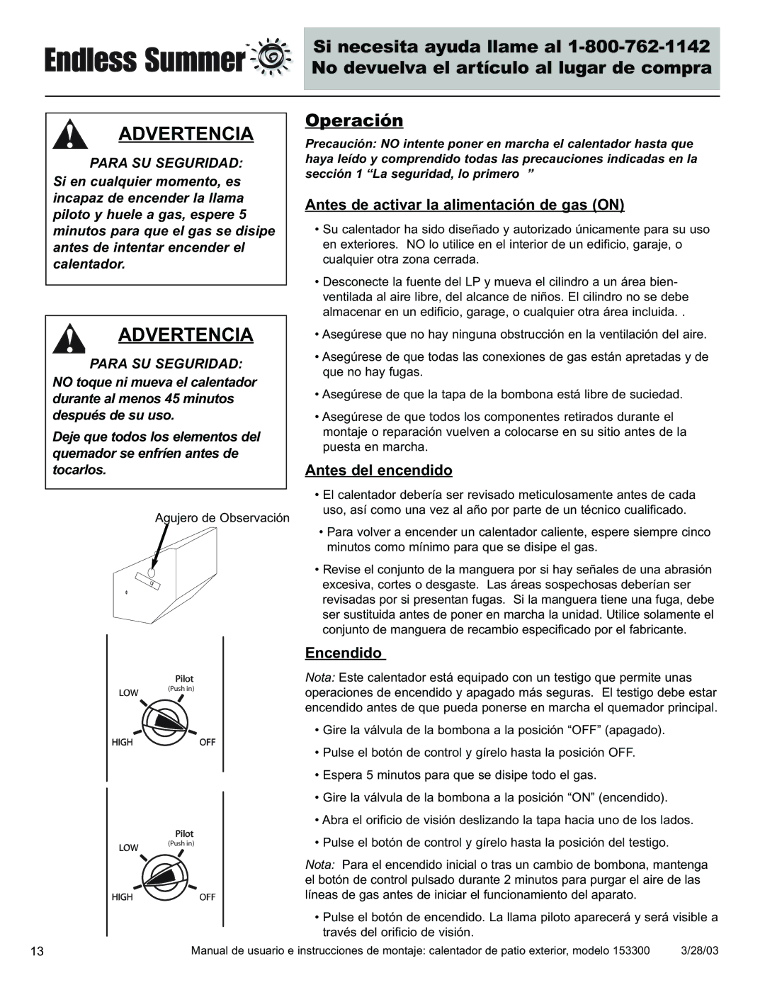 Blue Rhino 153300 owner manual Operación, Antes de activar la alimentación de gas on, Antes del encendido 