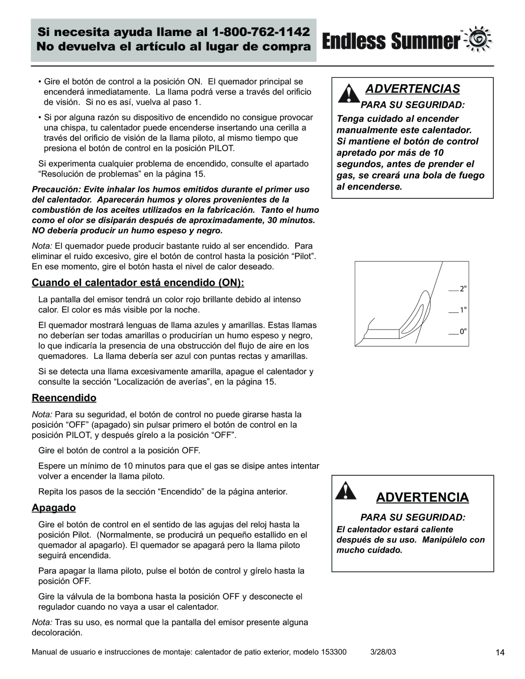 Blue Rhino 153300 owner manual Cuando el calentador está encendido on, Reencendido, Apagado 