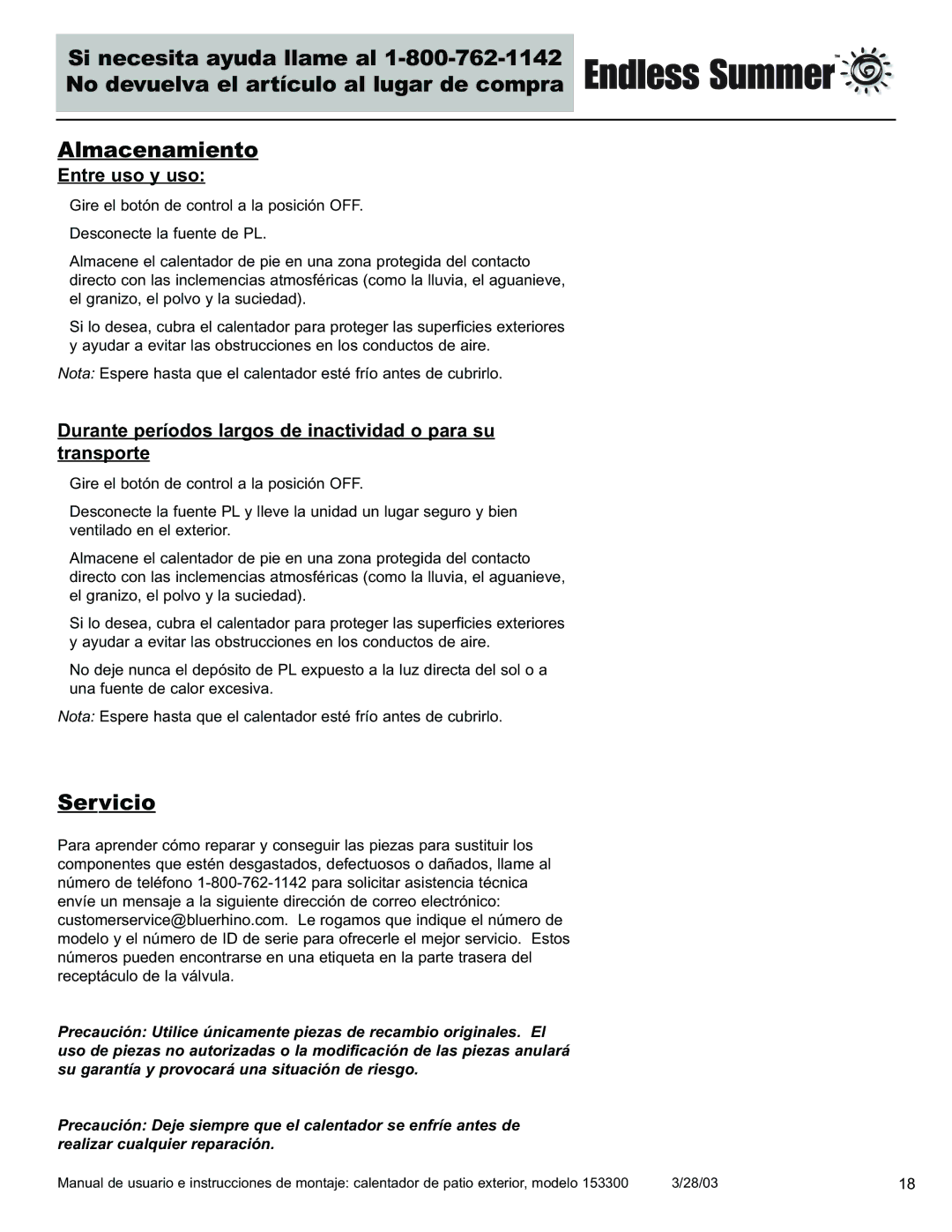 Blue Rhino 153300 owner manual Servicio, Entre uso y uso, Durante períodos largos de inactividad o para su transporte 