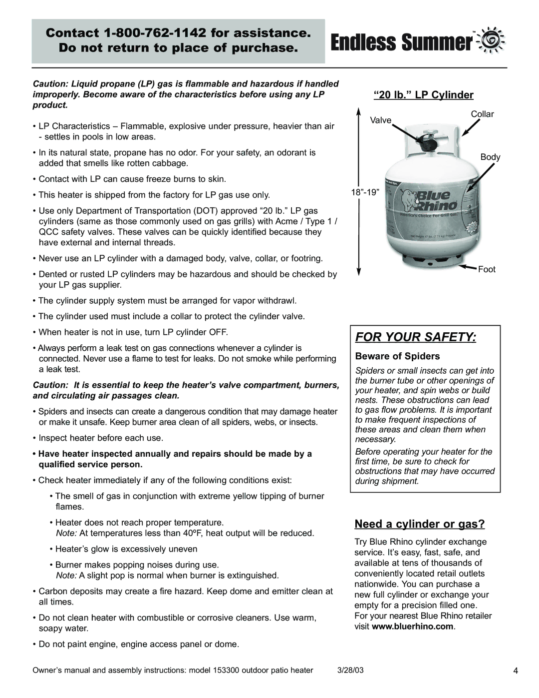 Blue Rhino 153300 owner manual For Your Safety, 20 lb. LP Cylinder 