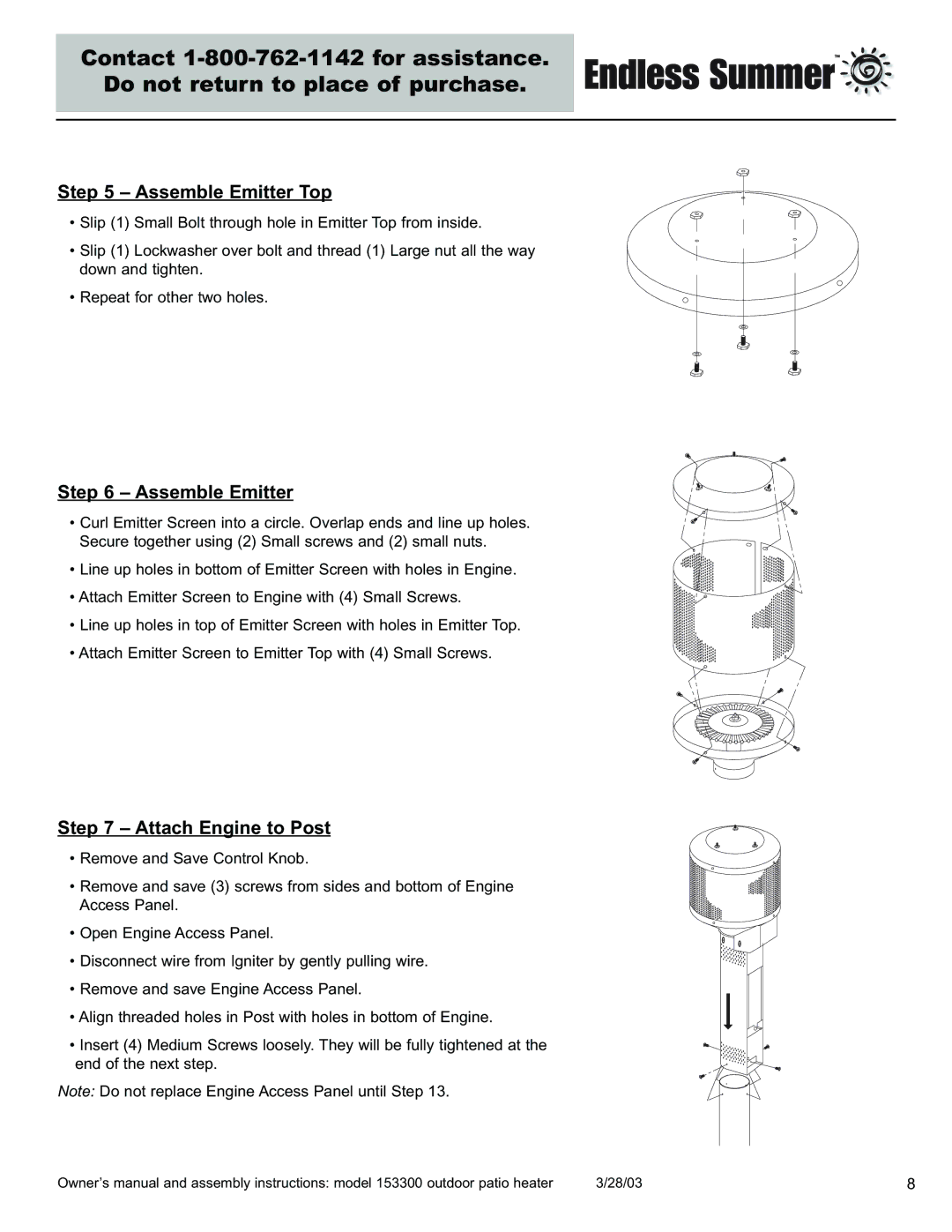 Blue Rhino 153300 owner manual Assemble Emitter Top, Attach Engine to Post 