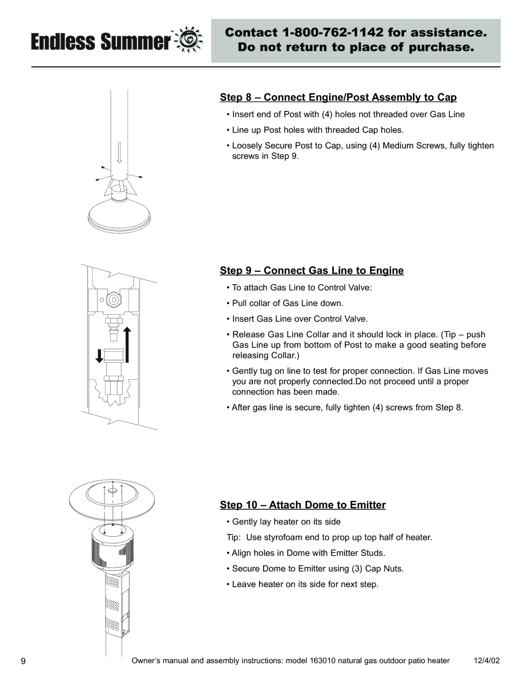 Blue Rhino 163010 owner manual Connect Engine/Post Assembly to Cap, Connect Gas Line to Engine, Attach Dome to Emitter 