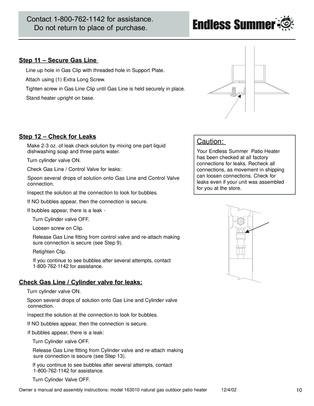 Blue Rhino 163010 owner manual Secure Gas Line, Check for Leaks, Check Gas Line / Cylinder valve for leaks 