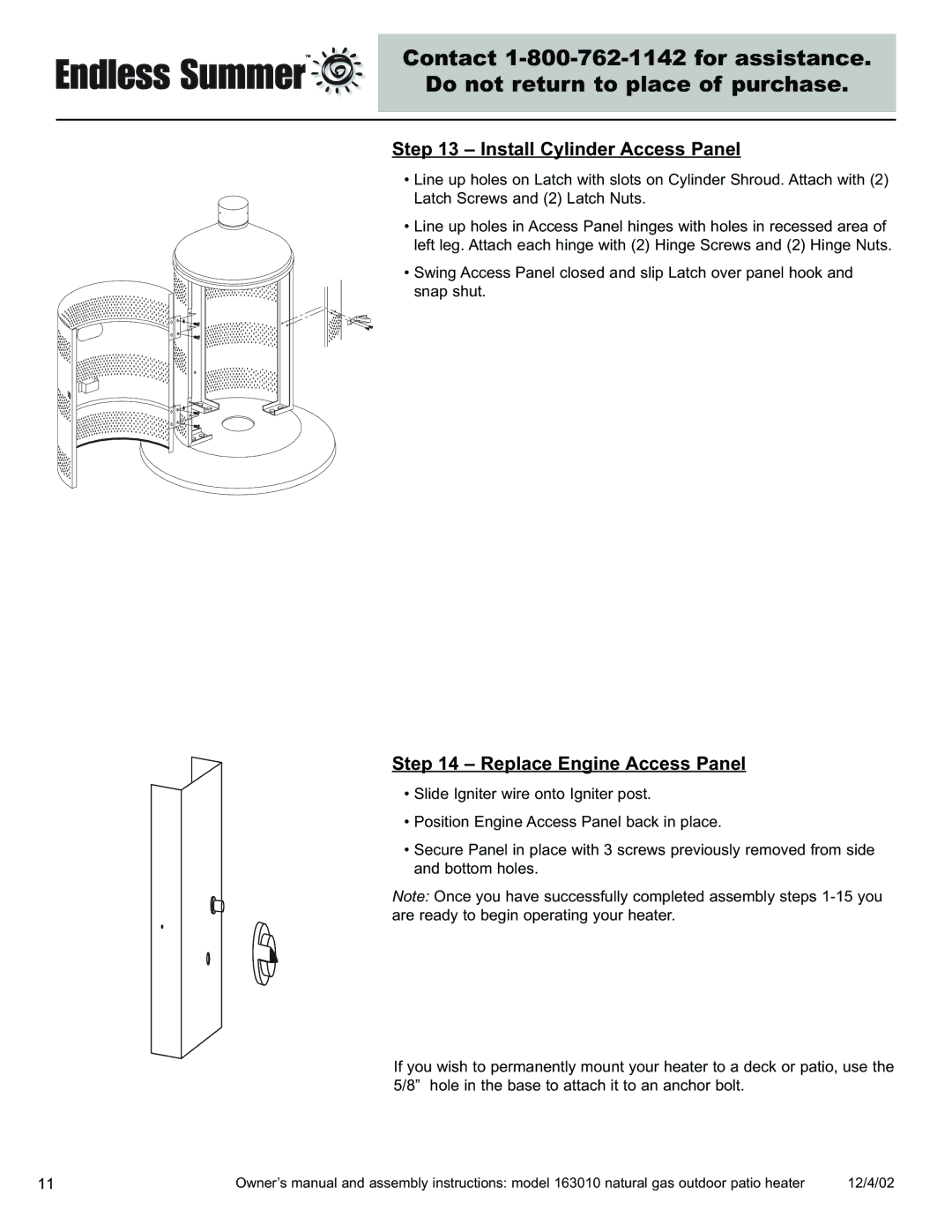 Blue Rhino 163010 owner manual Install Cylinder Access Panel, Replace Engine Access Panel 