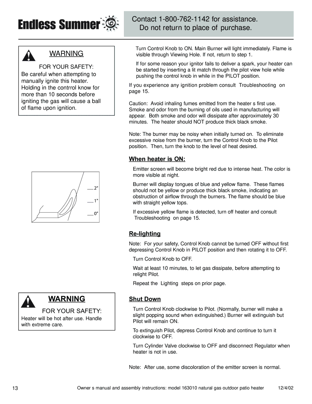 Blue Rhino 163010 owner manual When heater is on, Re-lighting, Shut Down 