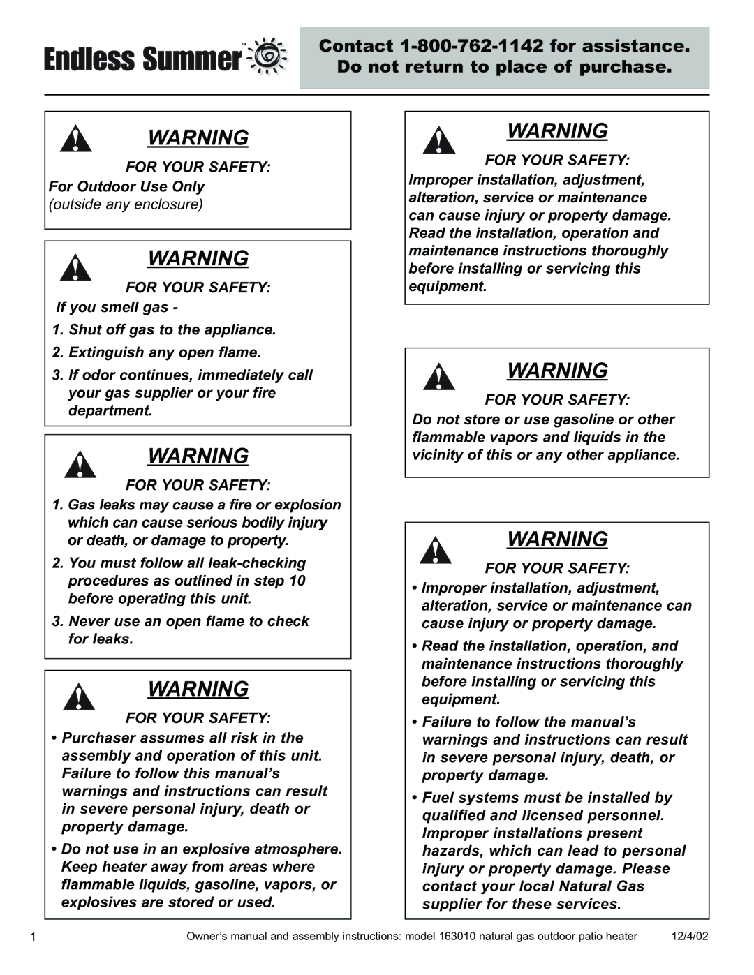 Blue Rhino 163010 owner manual 12/4/02 