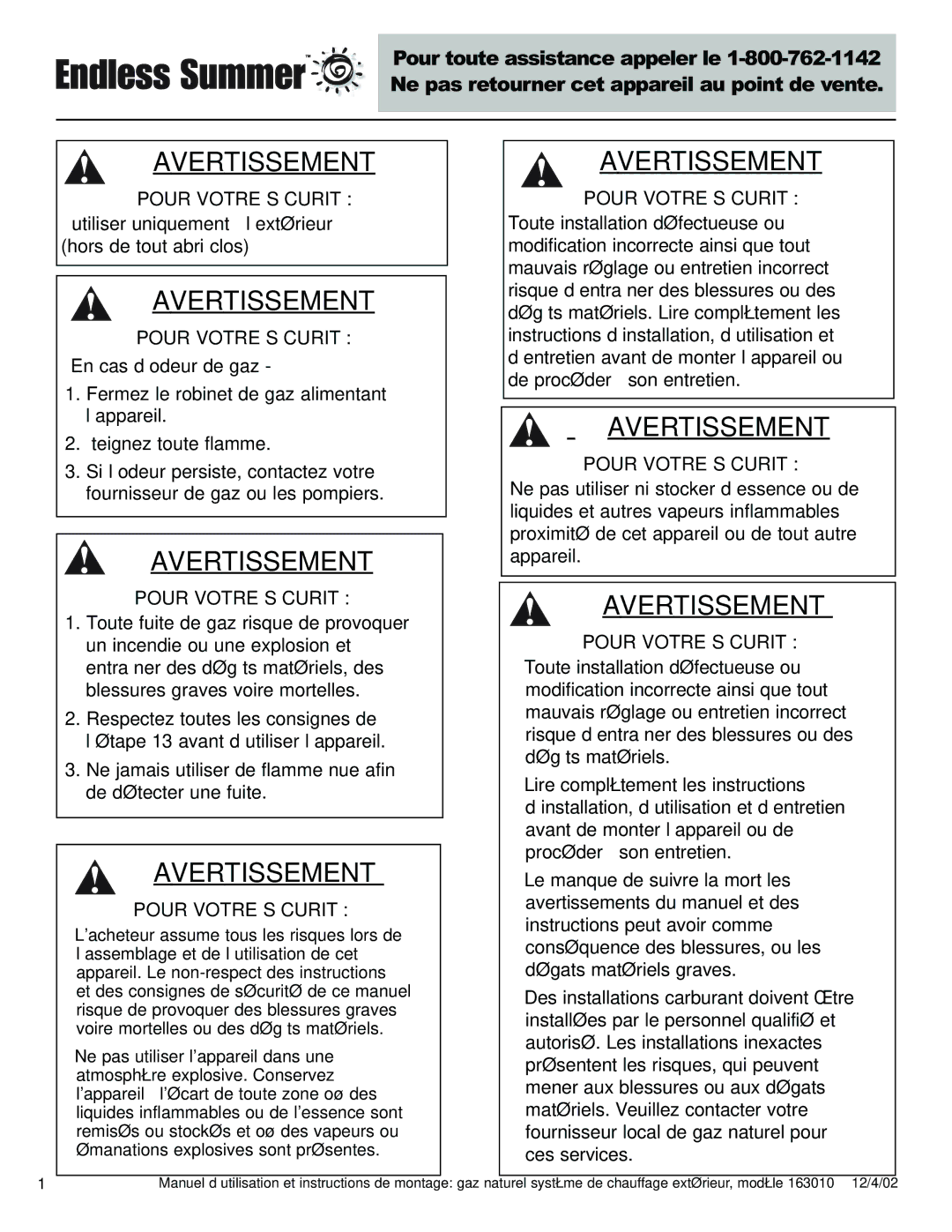 Blue Rhino 163010 owner manual Avertissement 