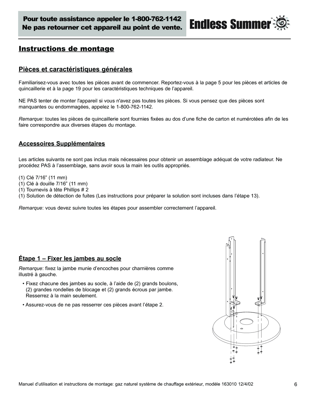 Blue Rhino 163010 owner manual Instructions de montage, Accessoires Supplémentaires, Étape 1 Fixer les jambes au socle 