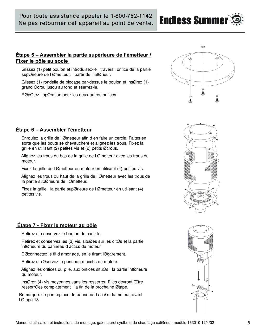 Blue Rhino 163010 owner manual Étape 6 Assembler l’émetteur, Étape 7 Fixer le moteur au pôle 