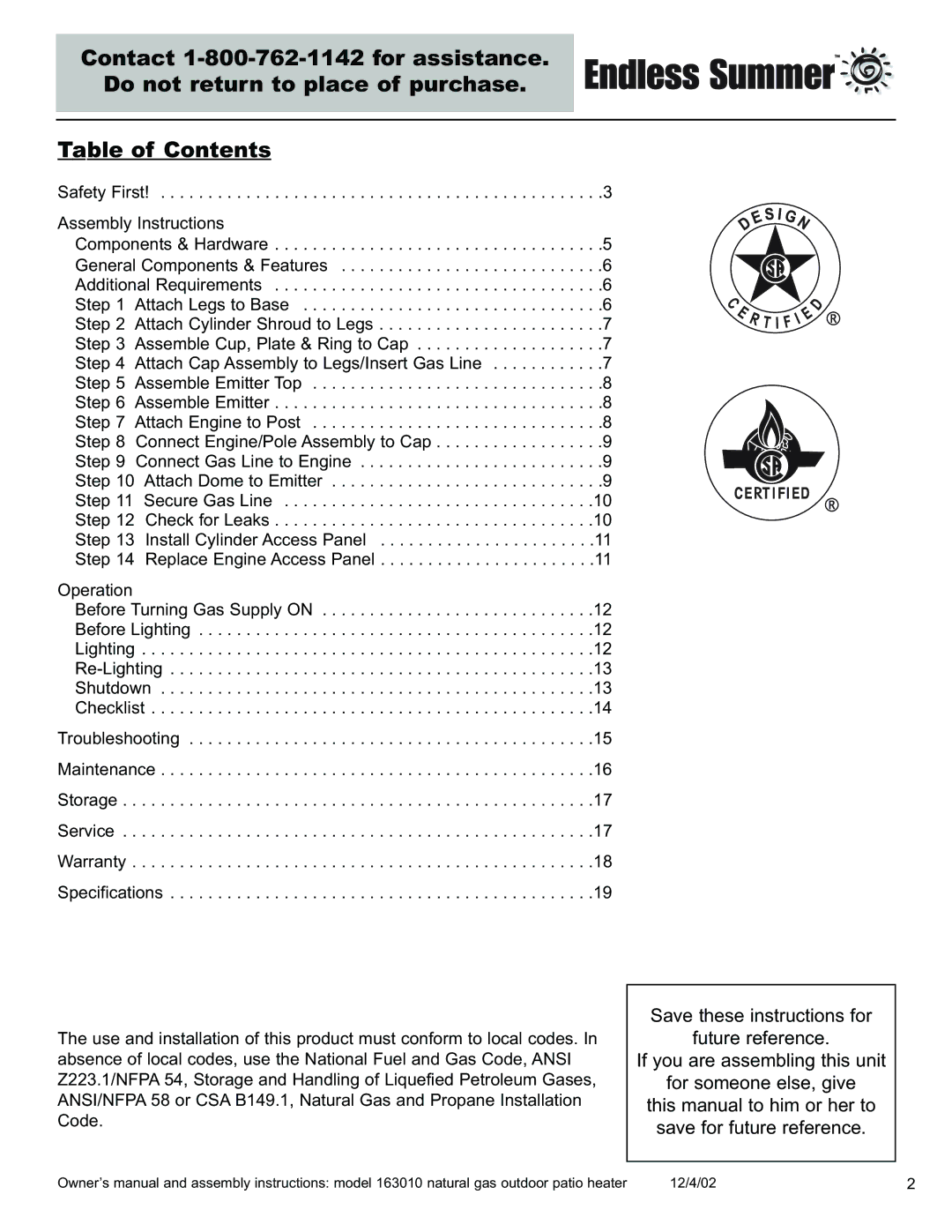 Blue Rhino 163010 owner manual 12/4/02 