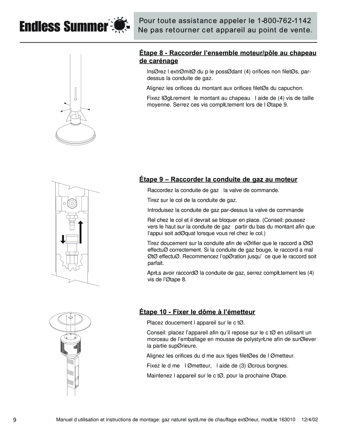 Blue Rhino 163010 owner manual Étape 9 Raccorder la conduite de gaz au moteur, Étape 10 Fixer le dôme à l’émetteur 