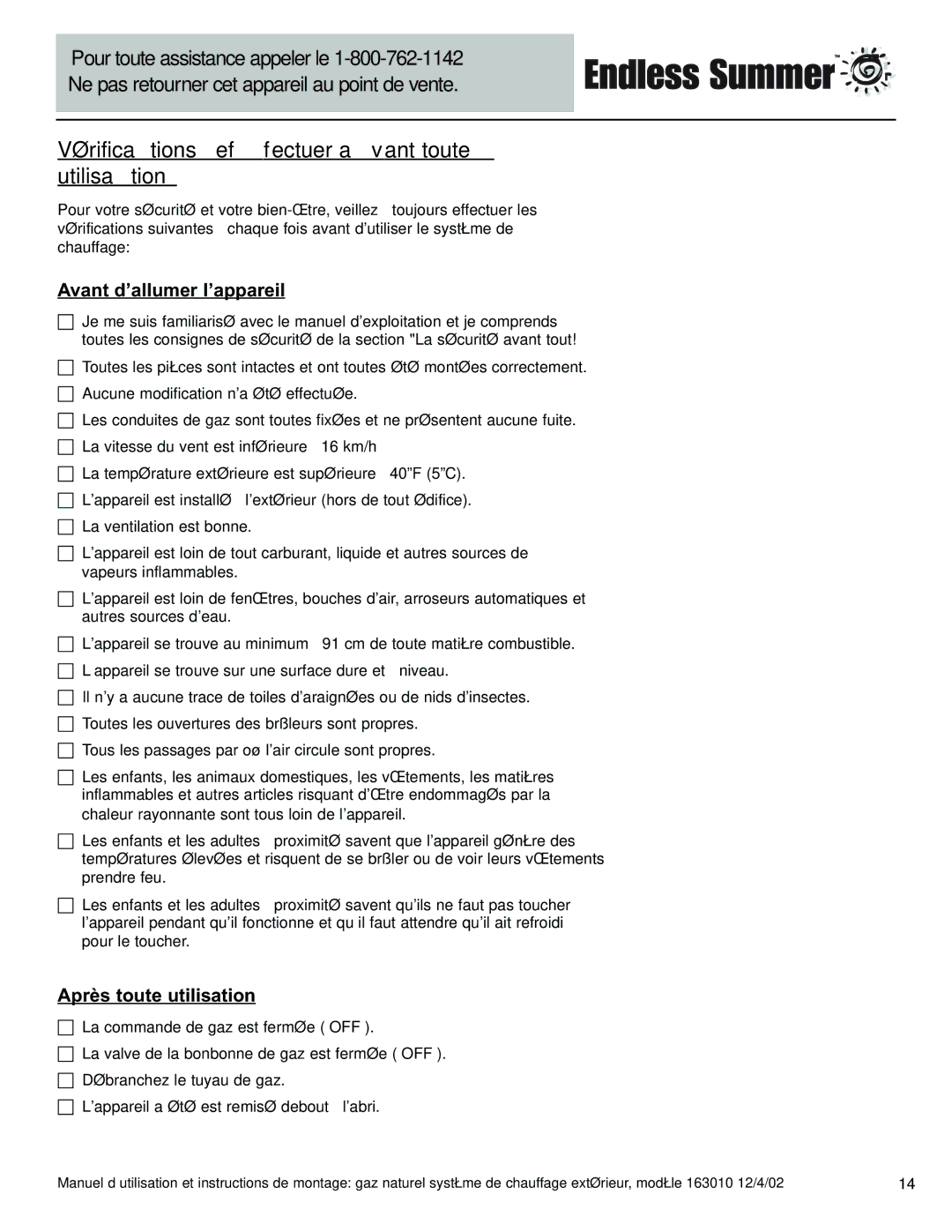 Blue Rhino 163010 owner manual Vérifications à effectuer avant toute utilisation, Après toute utilisation 