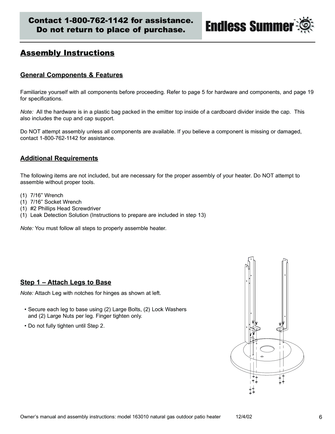 Blue Rhino 163010 owner manual General Components & Features, Additional Requirements, Attach Legs to Base 