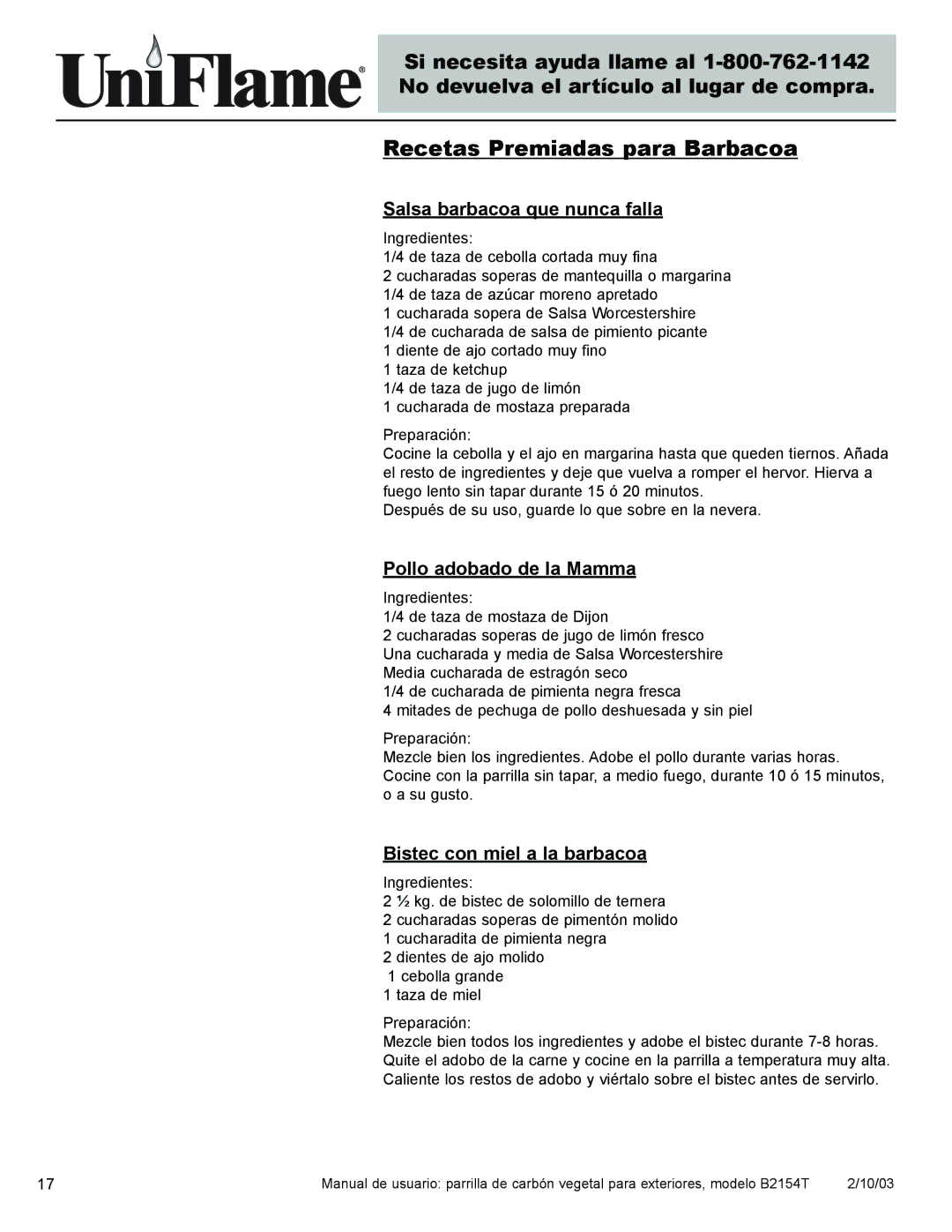 Blue Rhino B2154T owner manual Recetas Premiadas para Barbacoa, Salsa barbacoa que nunca falla, Pollo adobado de la Mamma 