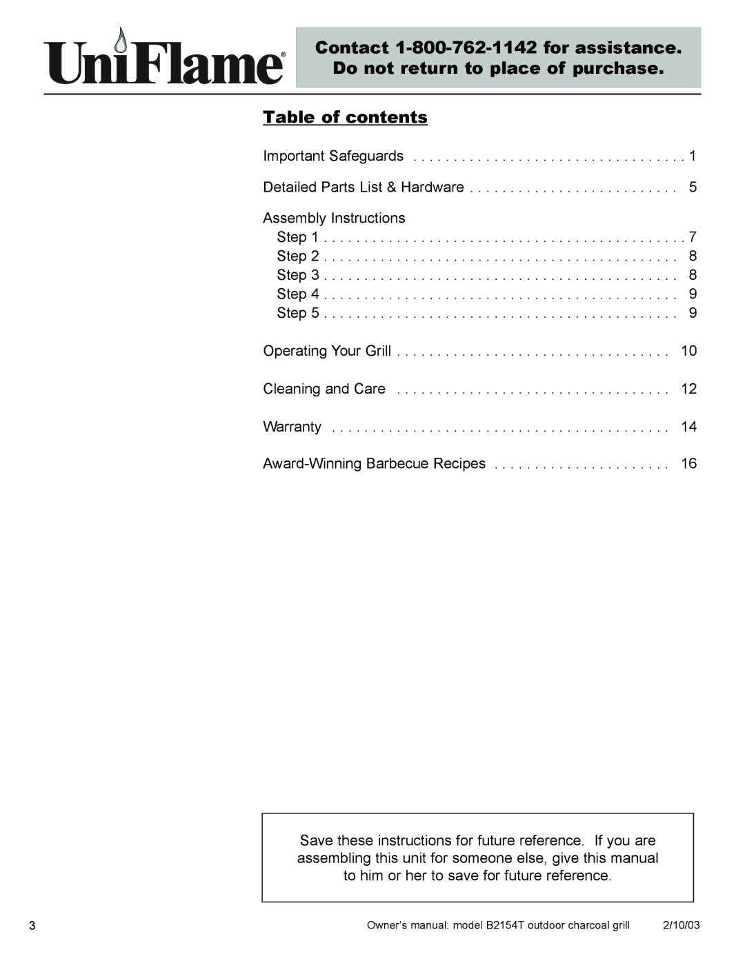 Blue Rhino B2154T owner manual 10/03 